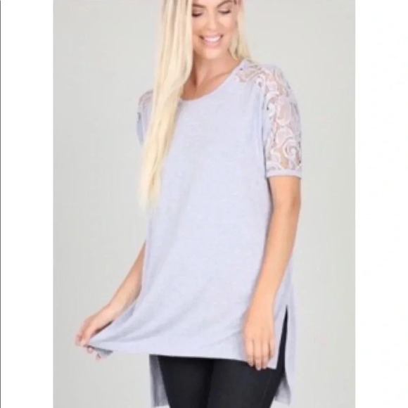 Lace short sleeve top Heather Grey M Mocha L - Picture 2 of 6